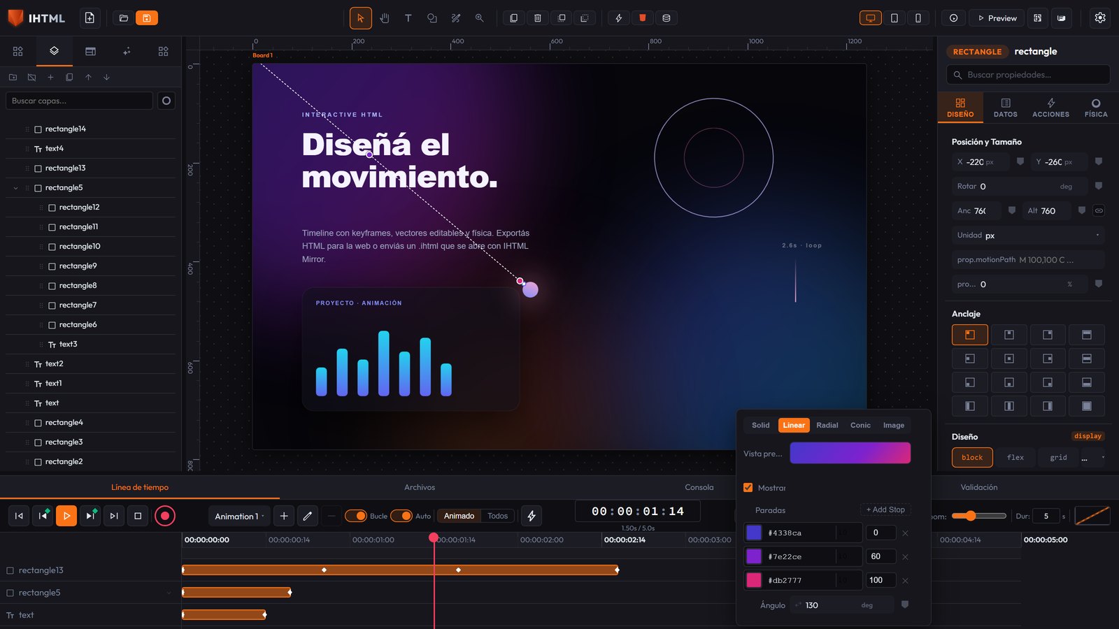 El editor con el popover de Relleno abierto: pestañas Solid / Linear / Radial / Conic / Image, lista de paradas de color y ángulo; sobre el lienzo se ve la línea de degradado con tiradores arrastrables.