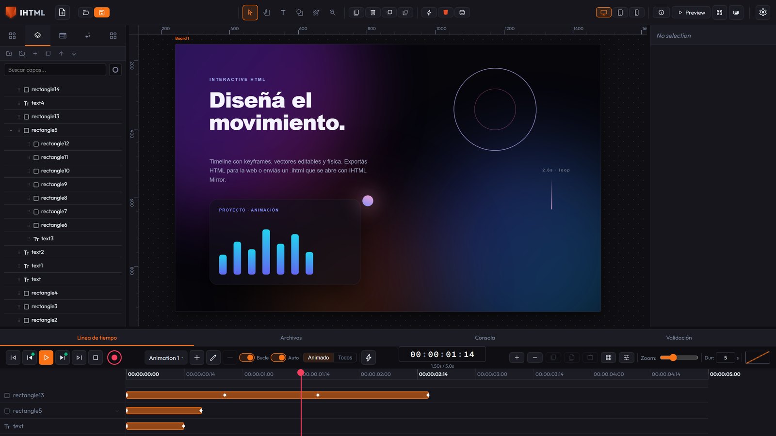 El editor de IHTML: a la izquierda el panel de elementos, en el centro el lienzo con un diseño de portada en degradado, y abajo la línea de tiempo con varias pistas de keyframes.