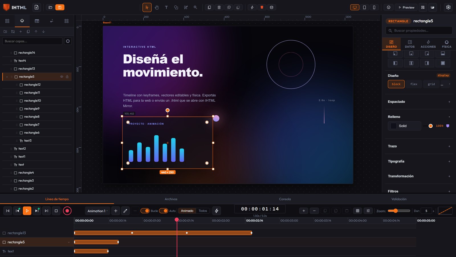 El inspector de IHTML con la pestaña Diseño abierta: secciones de Display (block / flex / grid), Espaciado, Relleno con su swatch de color, Trazo, Tipografía, Transformación y Filtros. Arriba, las pestañas Diseño / Datos / Acciones / Física.