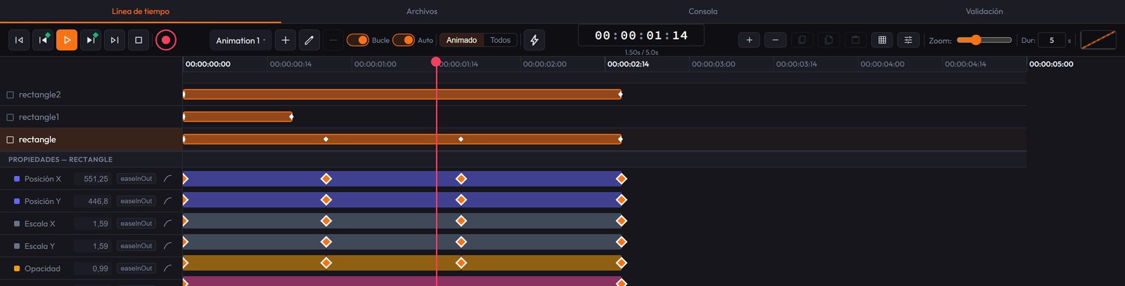 La línea de tiempo de IHTML: filas de elementos arriba y, debajo, la sección de propiedades del elemento seleccionado con sub-pistas de «Posición X» y «Opacidad», cada una con sus keyframes en forma de rombo, su valor y su curva de easing.